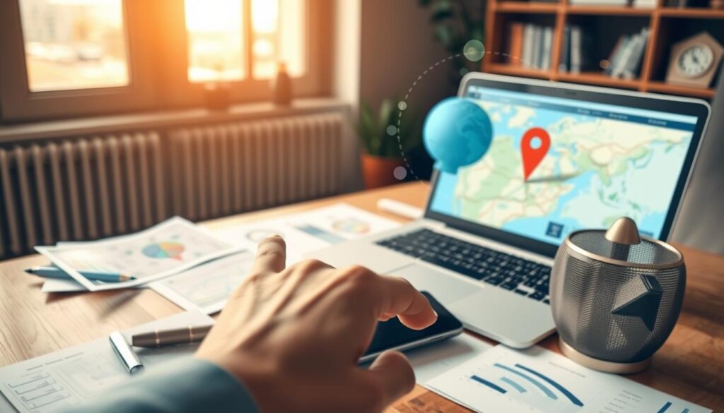 A cozy, well-lit office setting with a laptop, smartphone, and documents showcasing local search engine optimization strategies. In the foreground, a hand gestures towards a map highlighting the business's geographical location. The middle ground features a globe and icons representing search engine algorithms, emphasizing the importance of location data in improving online visibility. The background subtly suggests a digital landscape with graphs and charts, underscoring the analytical nature of local SEO. Warm, earthy tones and a sense of focus and professionalism convey the subject's significance. A cozy, well-lit office setting with a laptop, smartphone, and documents showcasing local search engine optimization strategies. In the foreground, a hand gestures towards a map highlighting the business's geographical location. The middle ground features a globe and icons representing search engine algorithms, emphasizing the importance of location data in improving online visibility. The background subtly suggests a digital landscape with graphs and charts, underscoring the analytical nature of local SEO. Warm, earthy tones and a sense of focus and professionalism convey the subject's significance.