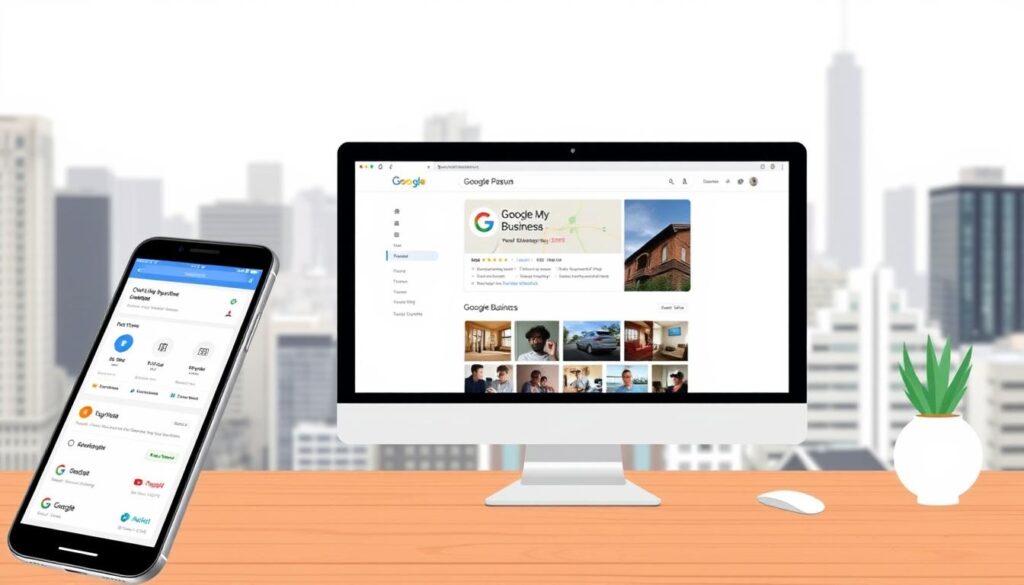 A modern and minimalist illustration showcasing the optimization of a Google Business Profile. In the foreground, a sleek smartphone display highlights the Google My Business dashboard, featuring key metrics and insights. The middle ground depicts a desktop computer screen displaying an optimized Google Business Profile, with attention-grabbing imagery, compelling business details, and a clear call-to-action. In the background, a clean cityscape sets the scene, emphasizing the importance of local search engine optimization for businesses. The overall tone is professional, informative, and visually appealing, reflecting the subject matter of the article. A modern and minimalist illustration showcasing the optimization of a Google Business Profile. In the foreground, a sleek smartphone display highlights the Google My Business dashboard, featuring key metrics and insights. The middle ground depicts a desktop computer screen displaying an optimized Google Business Profile, with attention-grabbing imagery, compelling business details, and a clear call-to-action. In the background, a clean cityscape sets the scene, emphasizing the importance of local search engine optimization for businesses. The overall tone is professional, informative, and visually appealing, reflecting the subject matter of the article.