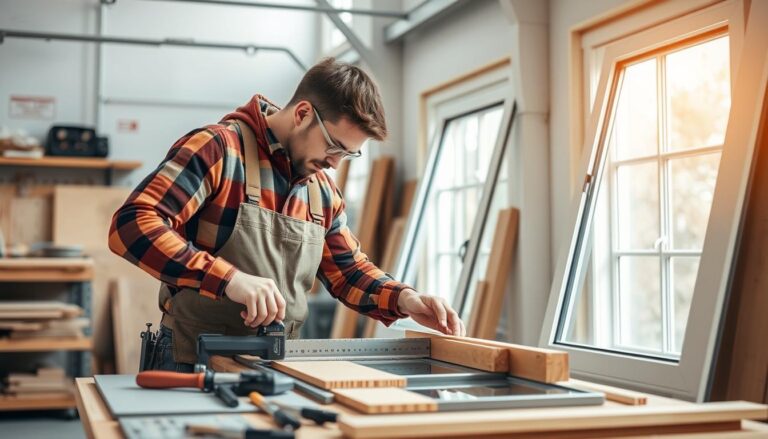 Fensterbauer bei der Arbeit mit modernen Werkzeugen und Materialien