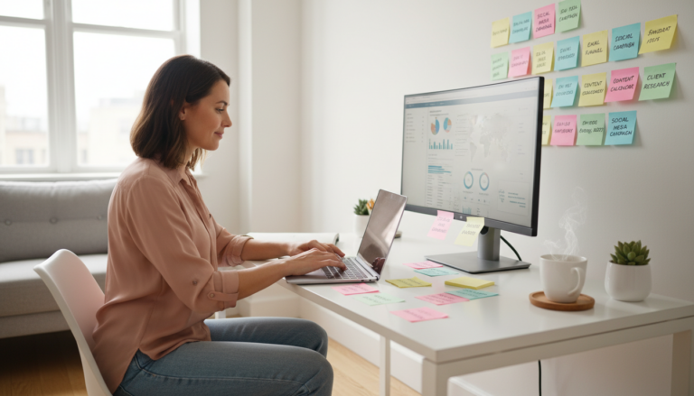 Selbständige arbeitet an Laptop zur Kundengewinnung ohne Budget